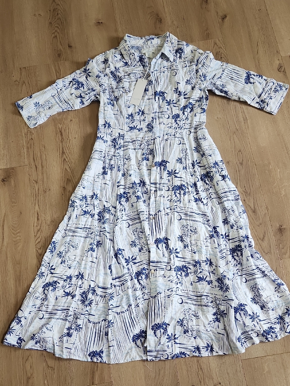 NWT Calypso St. Barth White & Blue Printed Maxi Linen Shirt Dress